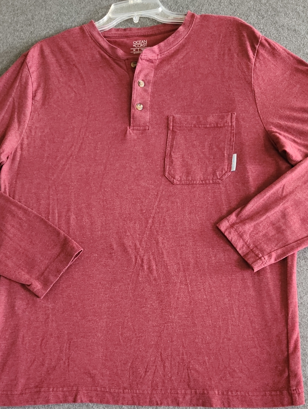Ocean Coast Men's Burgundy Long Sleeve Henley Cotton Chest Pocket Size Medium